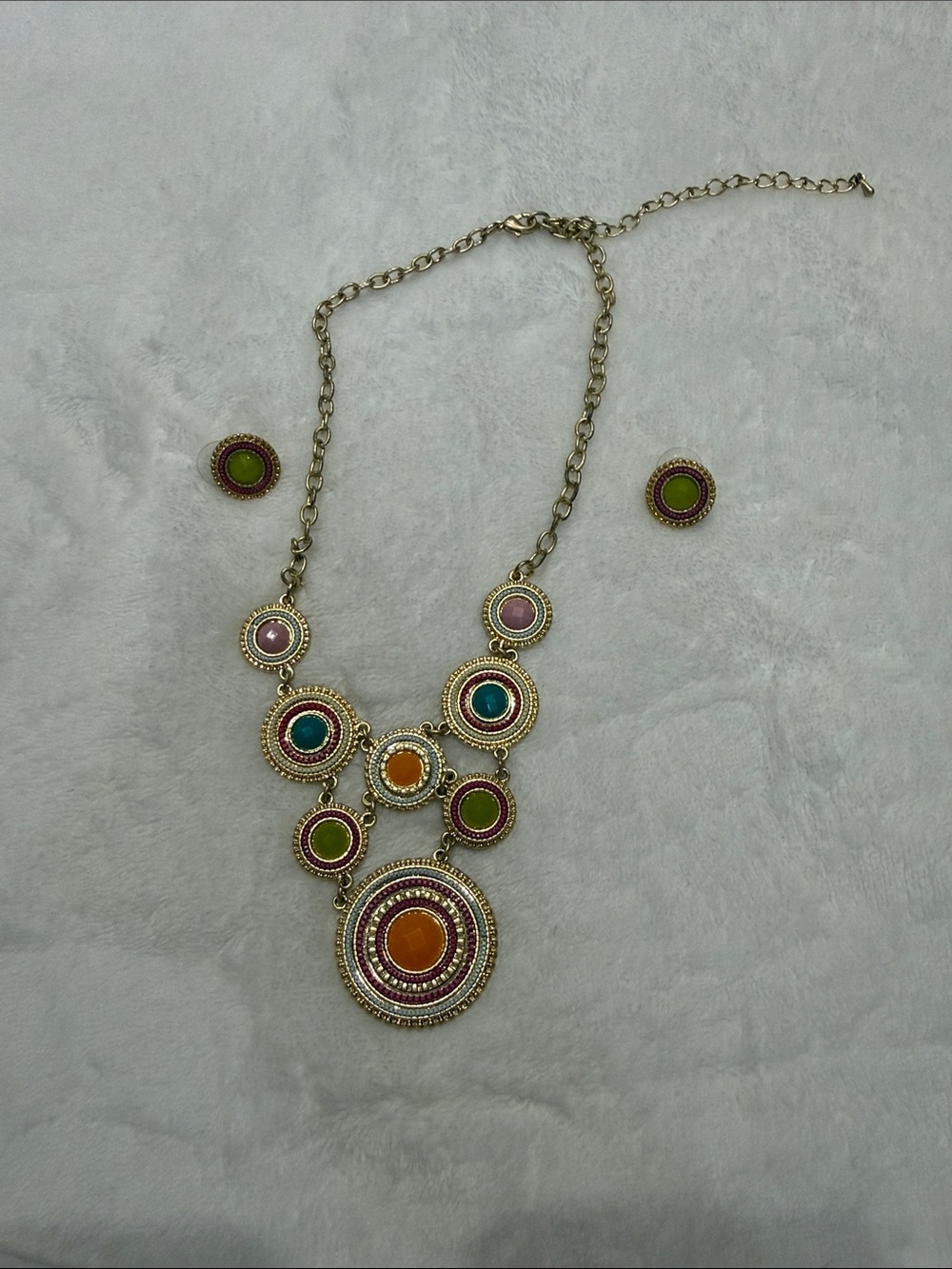 Colorful Multicolor Statement Necklace and Earring Set - Gold Tone